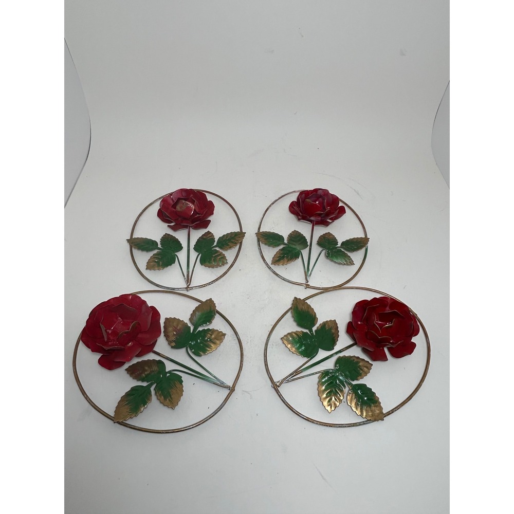 Vintage Metal Rose Wall Art Set of 4 Red Floral Plaques Made in Hong‎ Kong